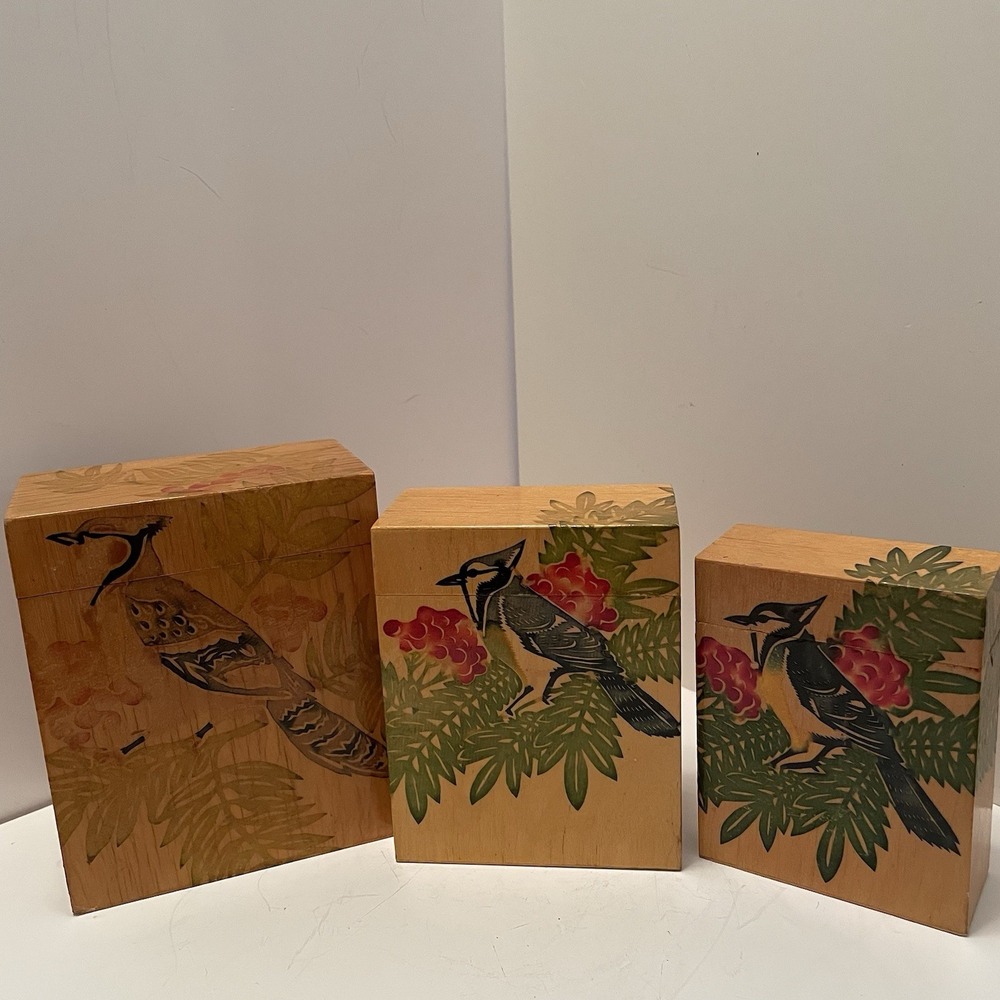 Vintage Chinese Wooden Nesting Boxes Set Of 3 Artist Sealed Bird & Floral Motif